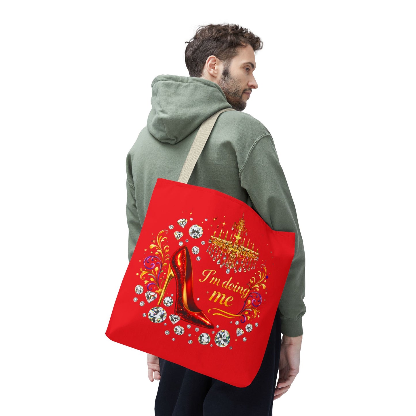 Red 'I'm Doing Me' Tote Bag — Glam High Heel & Chandelier Design