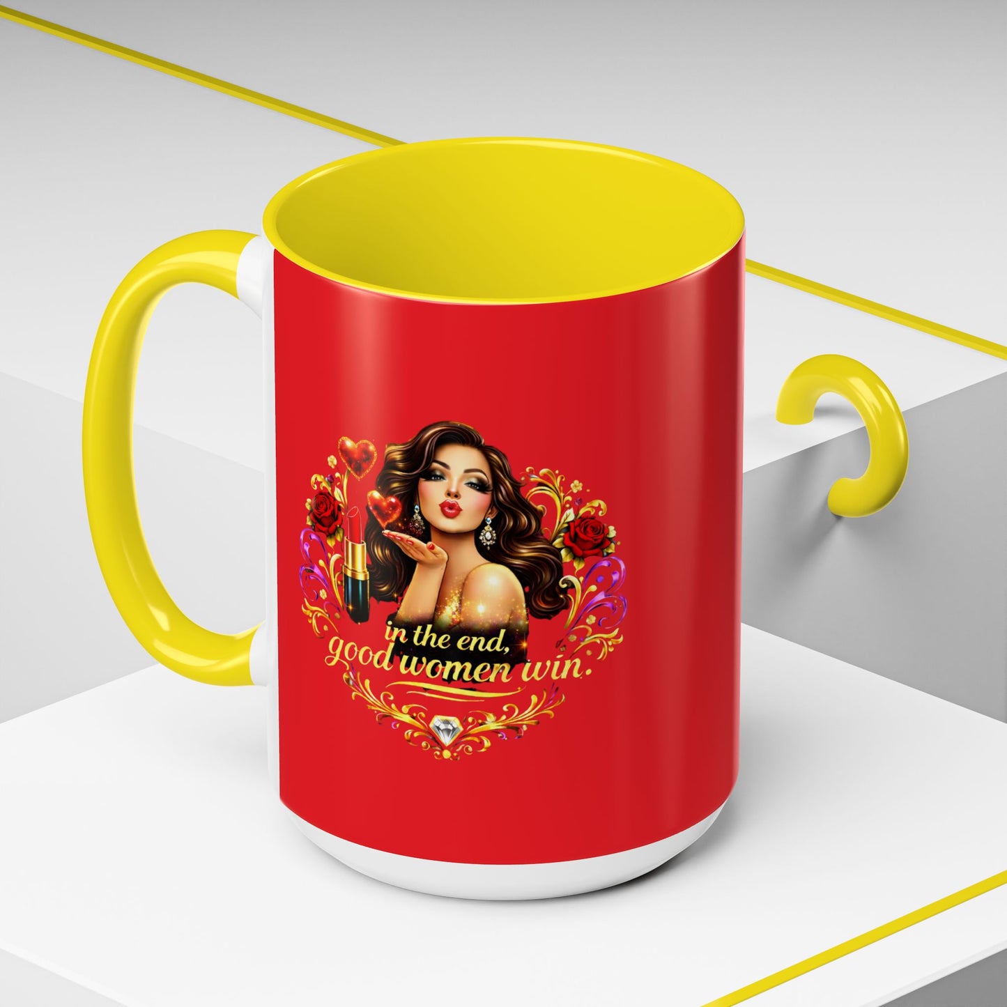 Coffee Mug — "In the End, Good Women Win" BRUNETTE Retro Pin-Up Design