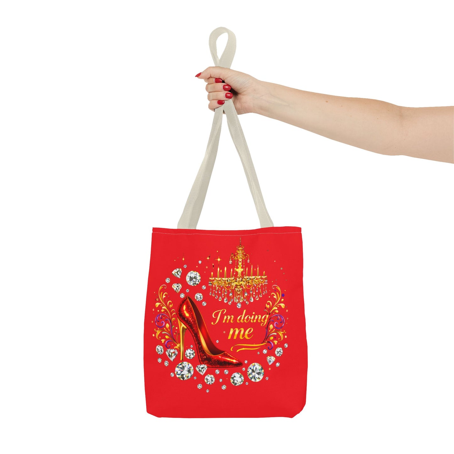 Red 'I'm Doing Me' Tote Bag — Glam High Heel & Chandelier Design