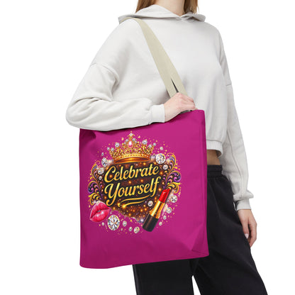Celebrate Yourself Pink Tote Bag — Crown & Lipstick Glam Aesthetic