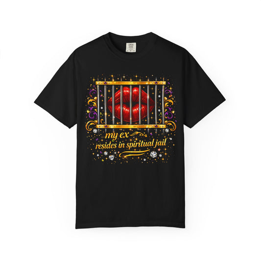 Graphic T-Shirt — Red Lips Behind Bars "My Ex Resides in Spiritual Jail"