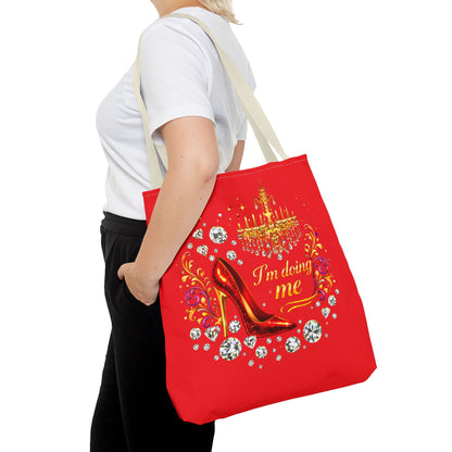 Red 'I'm Doing Me' Tote Bag — Glam High Heel & Chandelier Design