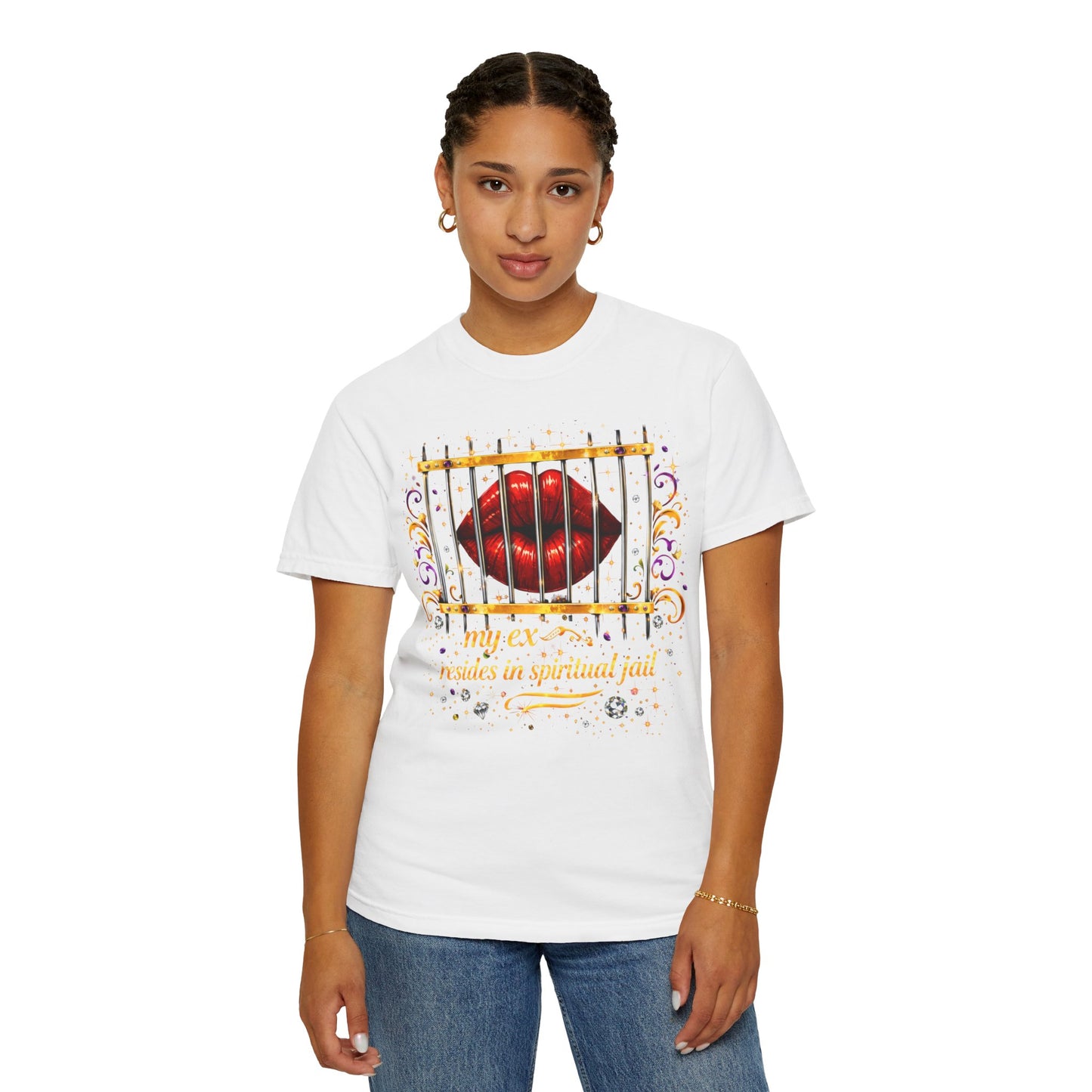 Graphic T-Shirt — Red Lips Behind Bars "My Ex Resides in Spiritual Jail"