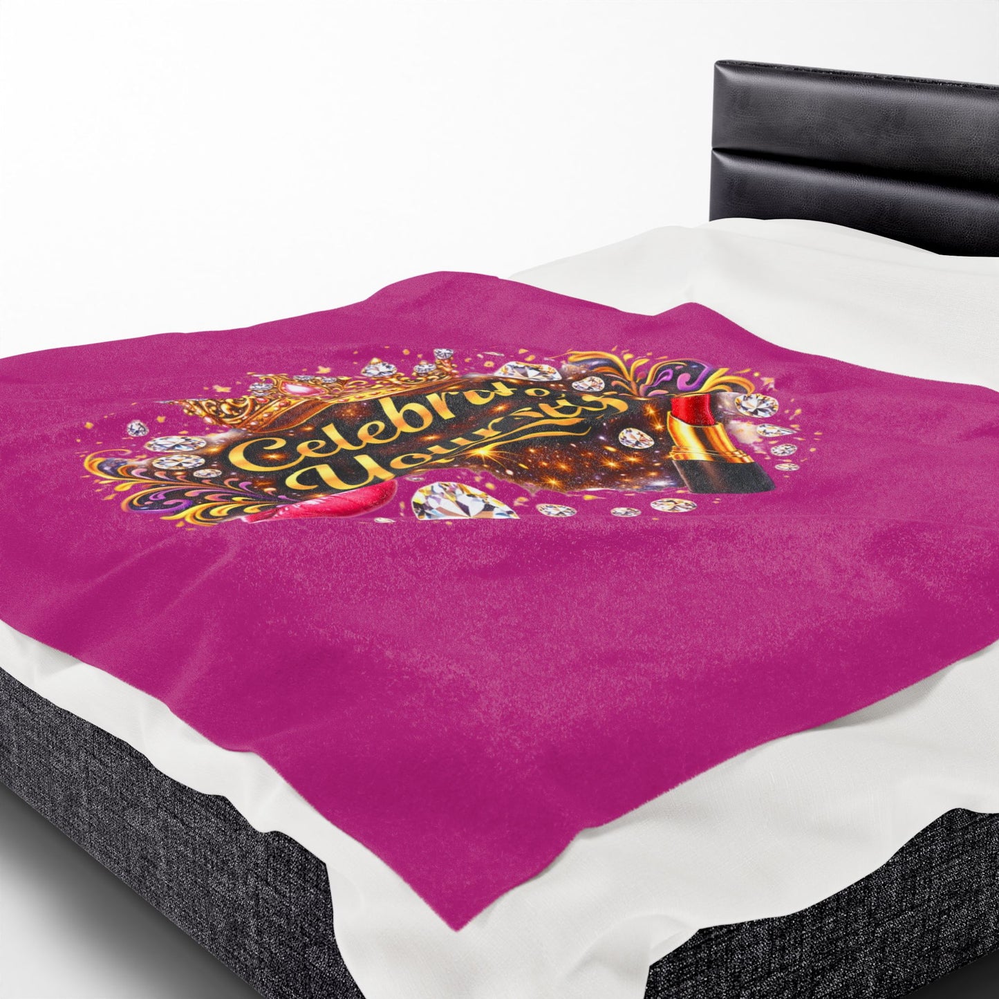 Celebrate Yourself Velveteen Plush Blanket — Glam Crown, Lipstick & Jewel Graphic