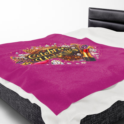 Celebrate Yourself Velveteen Plush Blanket — Glam Crown, Lipstick & Jewel Graphic