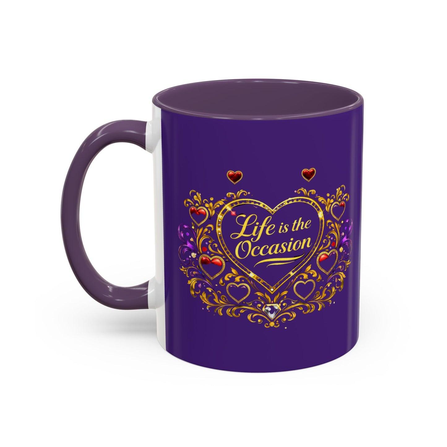 Life Is the Occasion Gold Heart Accent Coffee Mug — Inspirational Purple 11/15oz