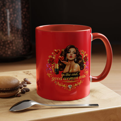 Coffee Mug — "In the End, Good Women Win" BRUNETTE Retro Pin-Up Design
