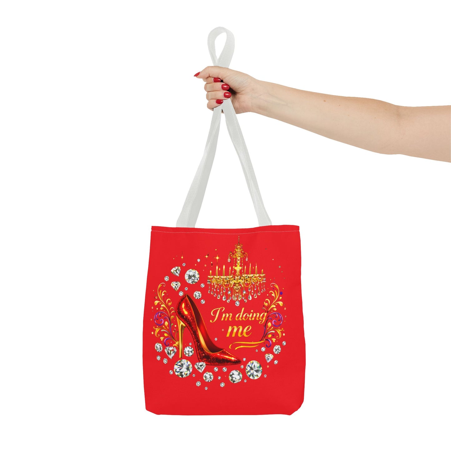 Red 'I'm Doing Me' Tote Bag — Glam High Heel & Chandelier Design