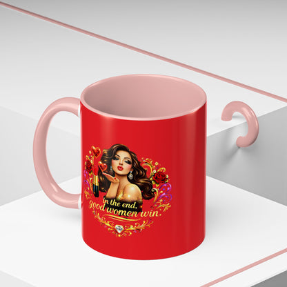 Coffee Mug — "In the End, Good Women Win" BRUNETTE Retro Pin-Up Design