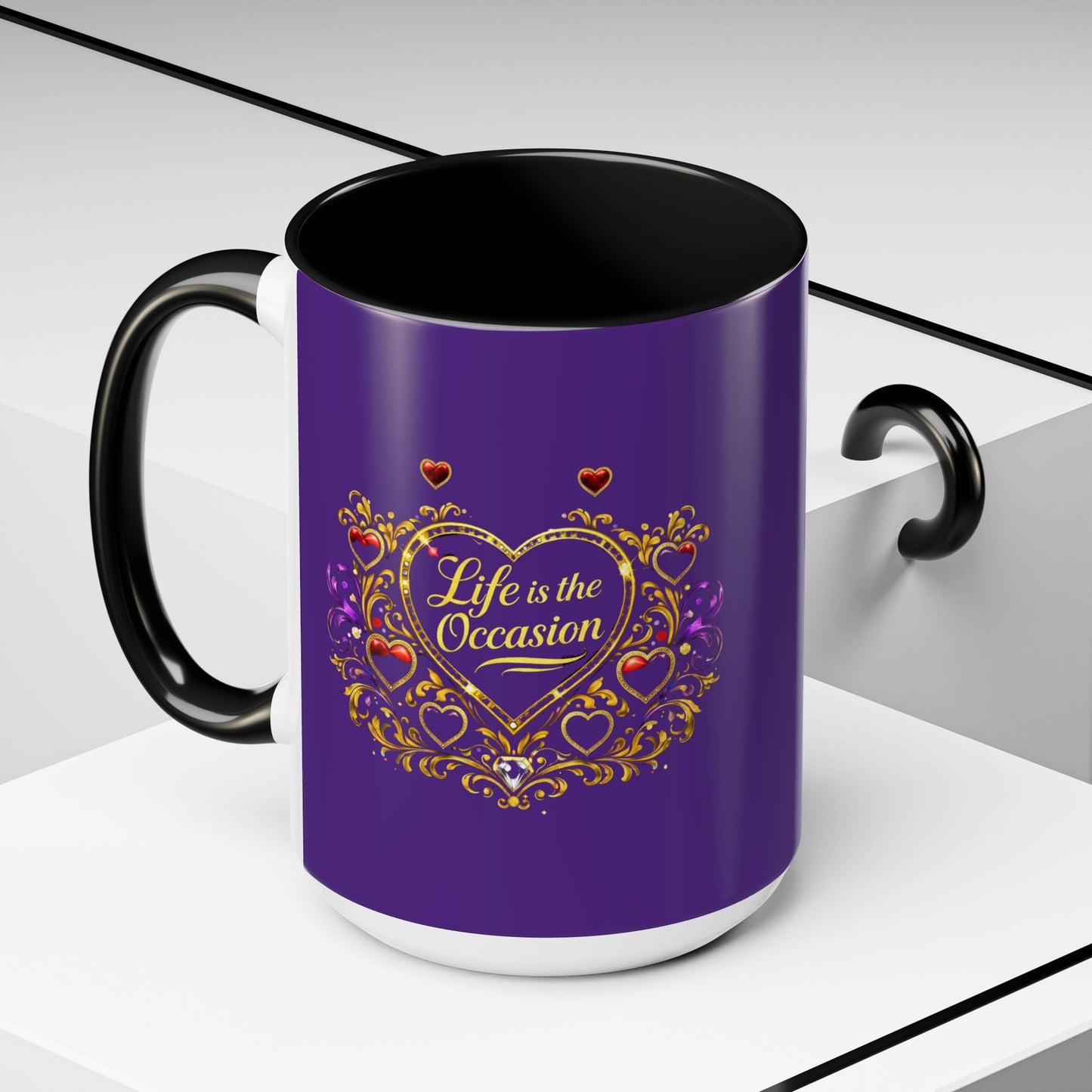 Life Is the Occasion Gold Heart Accent Coffee Mug — Inspirational Purple 11/15oz