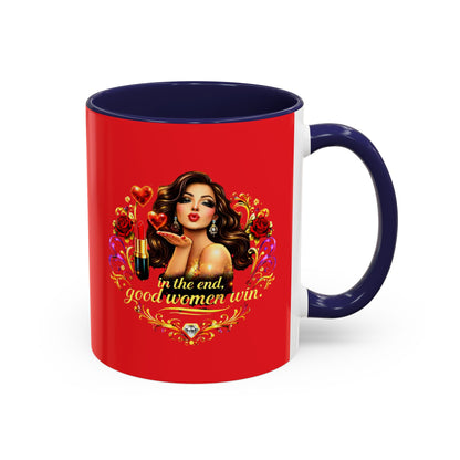 Coffee Mug — "In the End, Good Women Win" BRUNETTE Retro Pin-Up Design