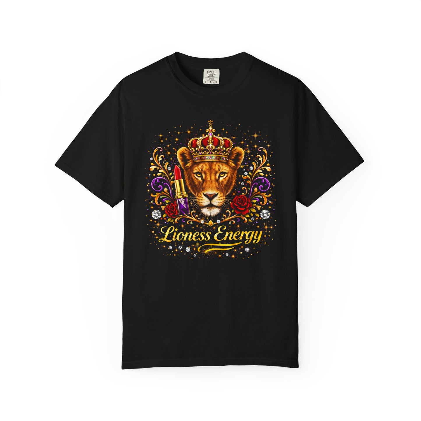 Lioness Crown T-Shirt — Regal Lion Head Graphic with Crown, Rose & 'Lioness Energy'
