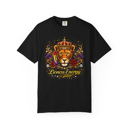 Lioness Crown T-Shirt — Regal Lion Head Graphic with Crown, Rose & 'Lioness Energy'