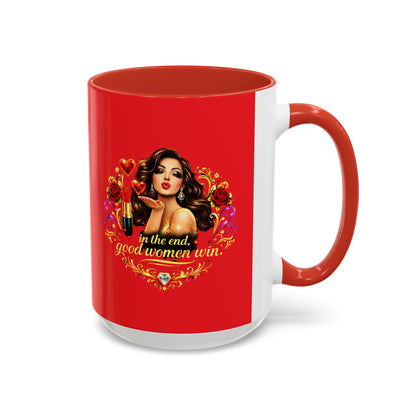 Coffee Mug — "In the End, Good Women Win" BRUNETTE Retro Pin-Up Design