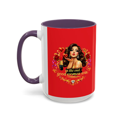 Coffee Mug — "In the End, Good Women Win" BRUNETTE Retro Pin-Up Design