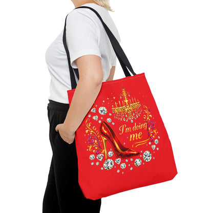 Red 'I'm Doing Me' Tote Bag — Glam High Heel & Chandelier Design