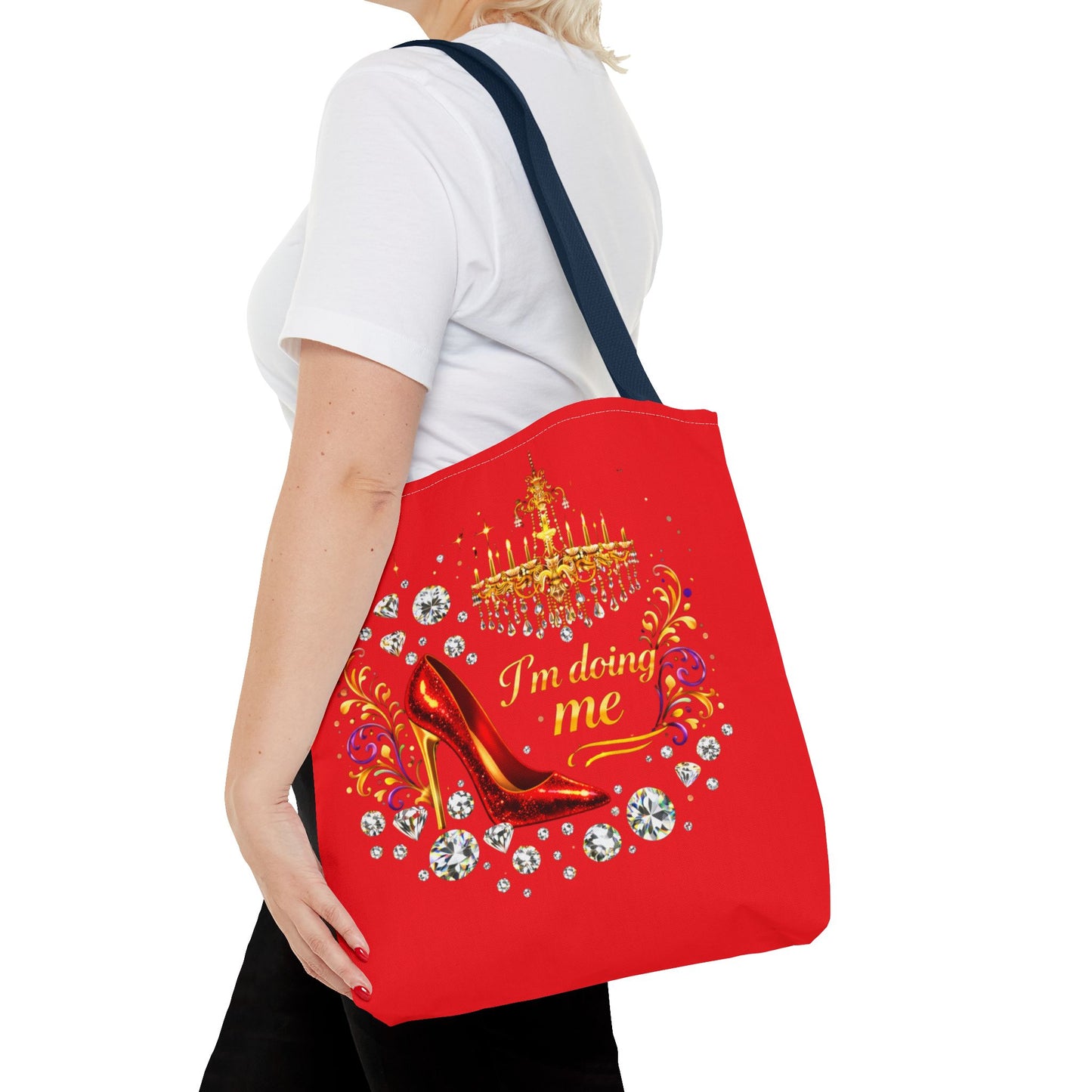 Red 'I'm Doing Me' Tote Bag — Glam High Heel & Chandelier Design
