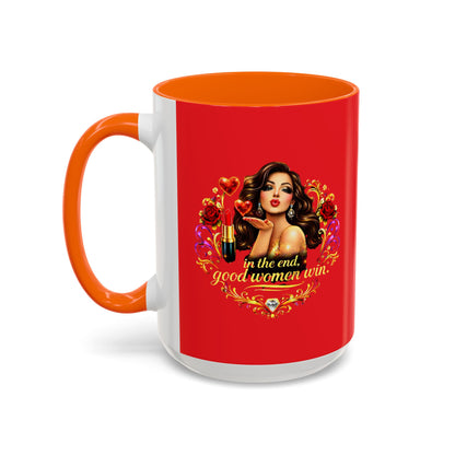 Coffee Mug — "In the End, Good Women Win" BRUNETTE Retro Pin-Up Design
