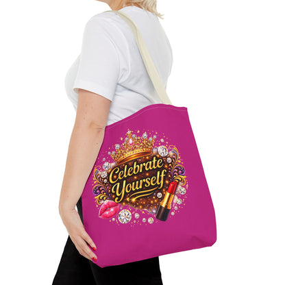 Celebrate Yourself Pink Tote Bag — Crown & Lipstick Glam Aesthetic