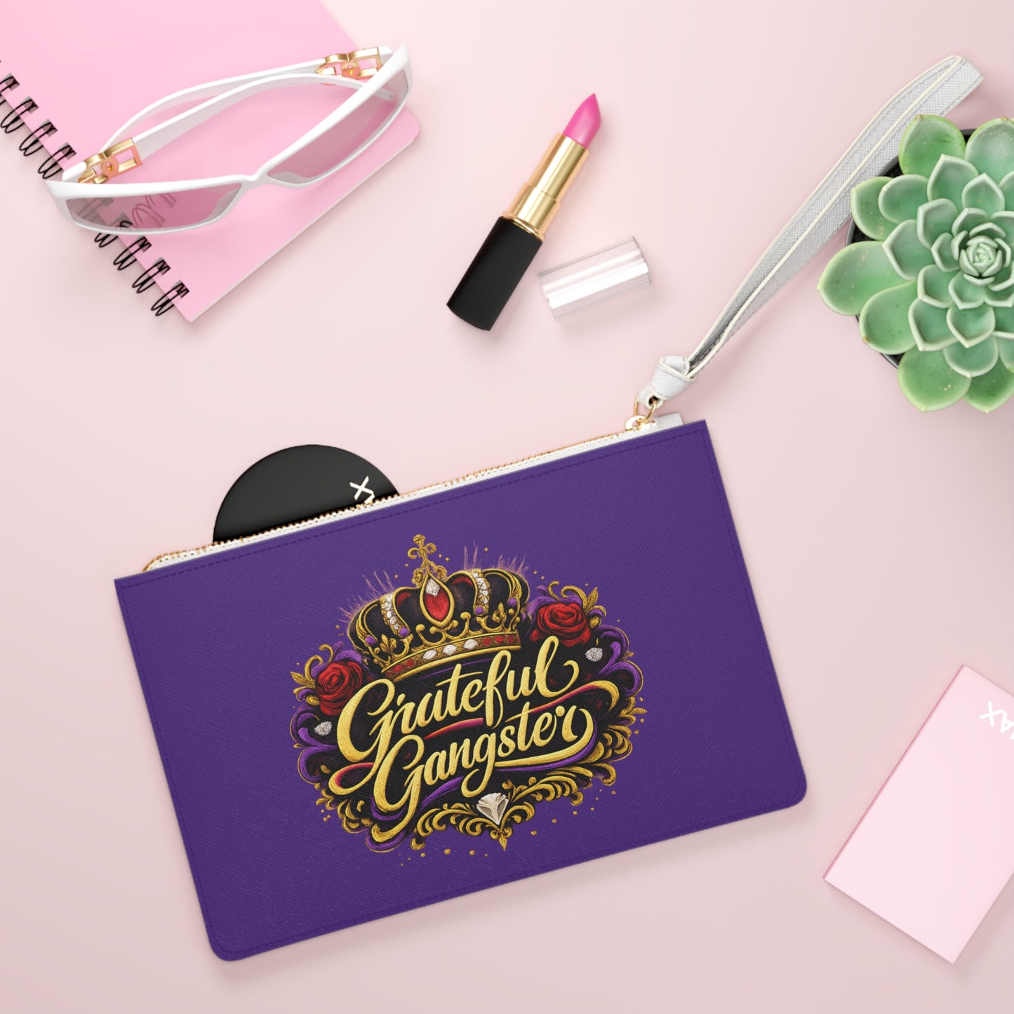 Grateful Gangster Clutch Bag — Purple Wristlet with Crown & Rose Graphic