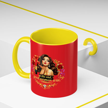 Coffee Mug — "In the End, Good Women Win" BRUNETTE Retro Pin-Up Design