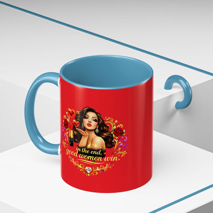 Coffee Mug — "In the End, Good Women Win" BRUNETTE Retro Pin-Up Design