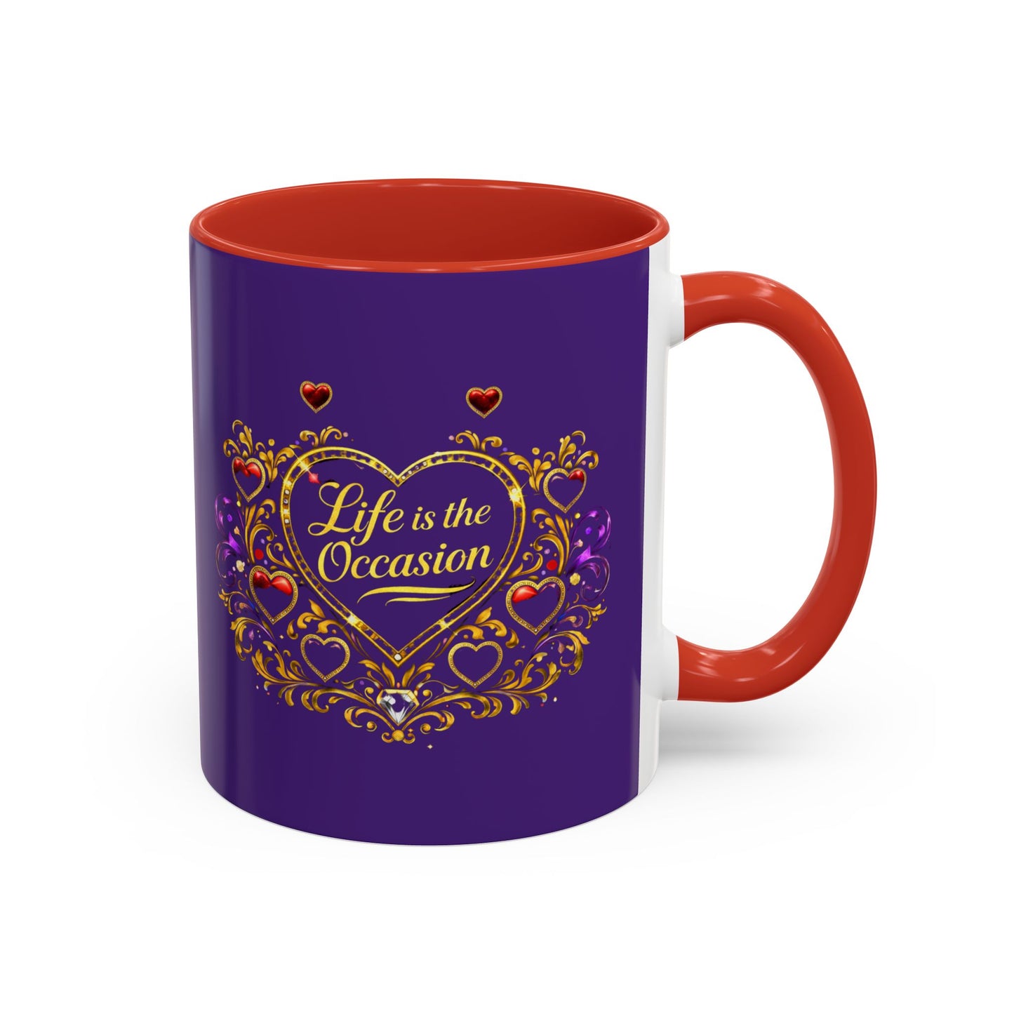Life Is the Occasion Gold Heart Accent Coffee Mug — Inspirational Purple 11/15oz