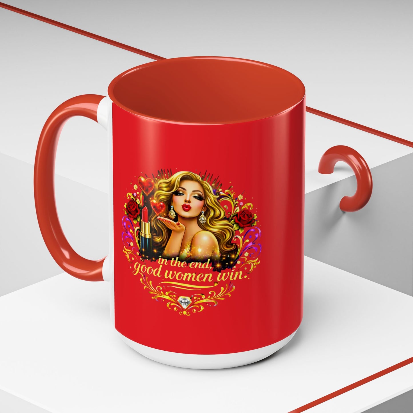 Coffee Mug — “In the End, Good Women Win” BLONDE Retro Glam Accent Mug (11/15 oz)