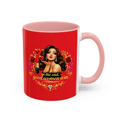 Coffee Mug — "In the End, Good Women Win" BRUNETTE Retro Pin-Up Design