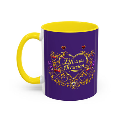Life Is the Occasion Gold Heart Accent Coffee Mug — Inspirational Purple 11/15oz