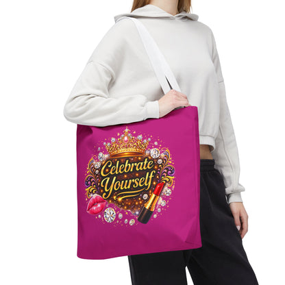 Celebrate Yourself Pink Tote Bag — Crown & Lipstick Glam Aesthetic