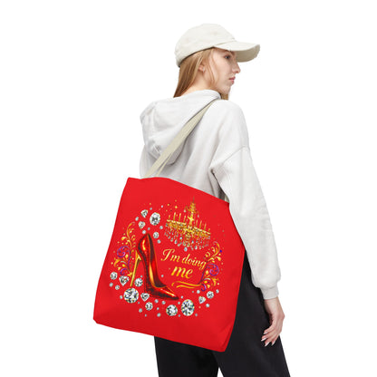 Red 'I'm Doing Me' Tote Bag — Glam High Heel & Chandelier Design