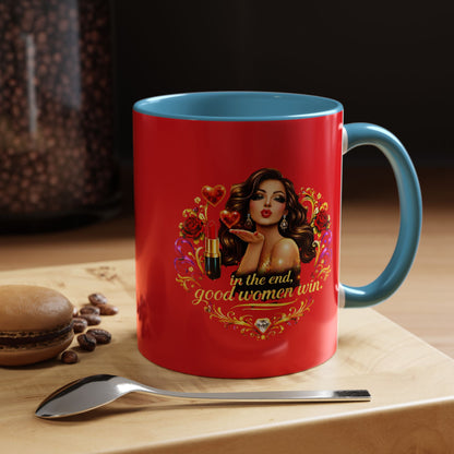 Coffee Mug — "In the End, Good Women Win" BRUNETTE Retro Pin-Up Design