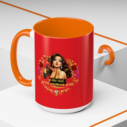 Coffee Mug — "In the End, Good Women Win" BRUNETTE Retro Pin-Up Design