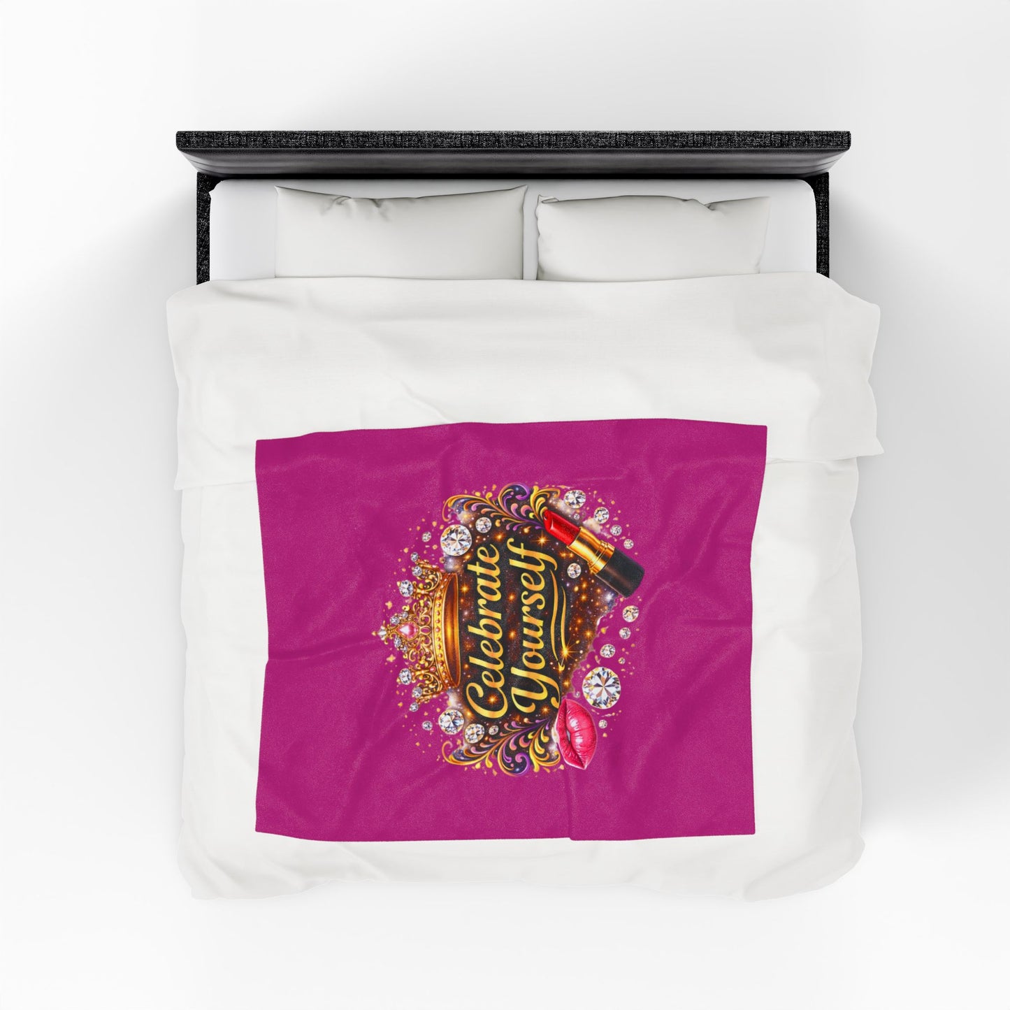 Celebrate Yourself Velveteen Plush Blanket — Glam Crown, Lipstick & Jewel Graphic