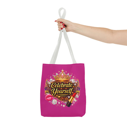 Celebrate Yourself Pink Tote Bag — Crown & Lipstick Glam Aesthetic