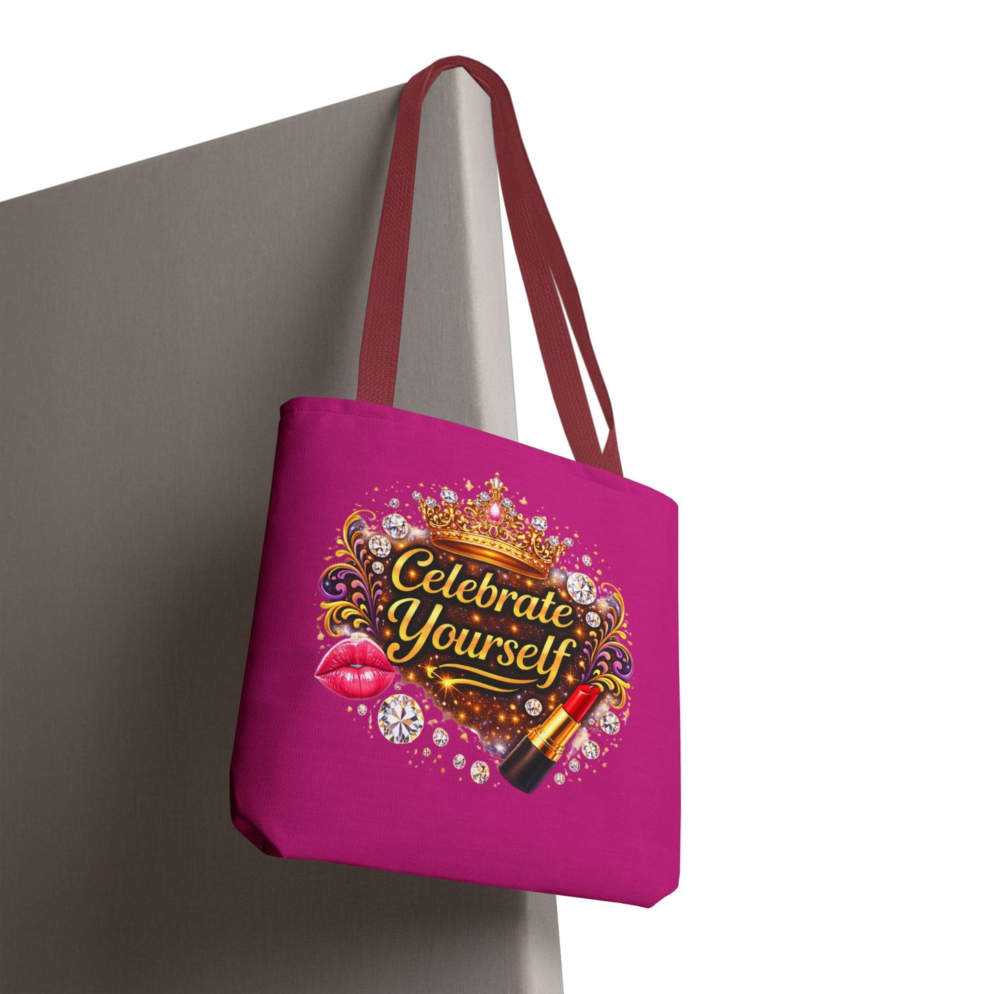 Celebrate Yourself Pink Tote Bag — Crown & Lipstick Glam Aesthetic