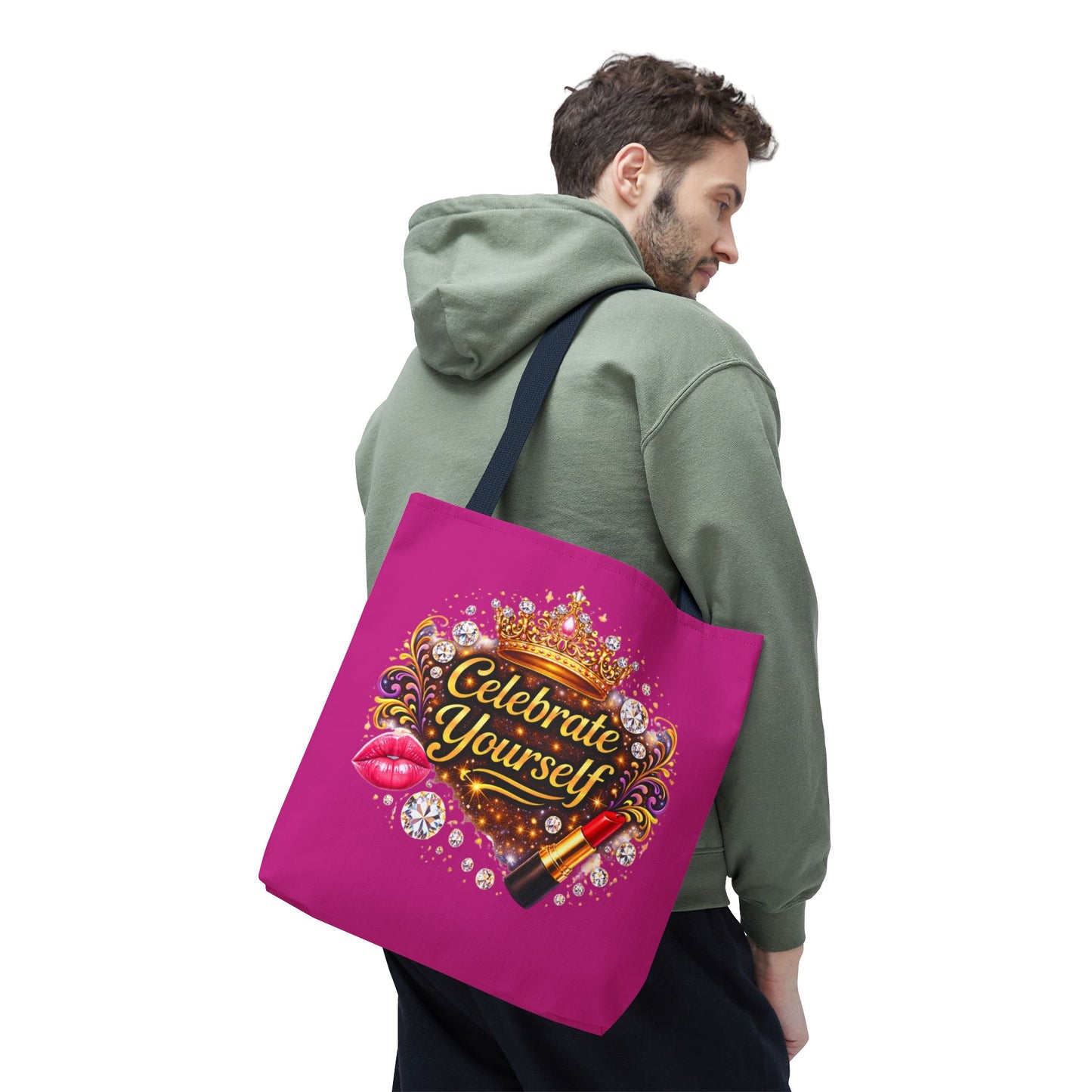 Celebrate Yourself Pink Tote Bag — Crown & Lipstick Glam Aesthetic