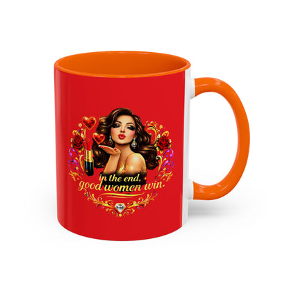 Coffee Mug — "In the End, Good Women Win" BRUNETTE Retro Pin-Up Design