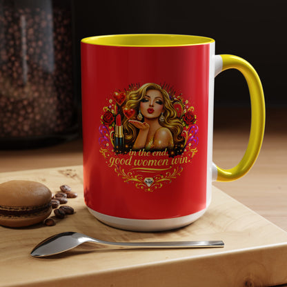 Coffee Mug — “In the End, Good Women Win” BLONDE Retro Glam Accent Mug (11/15 oz)
