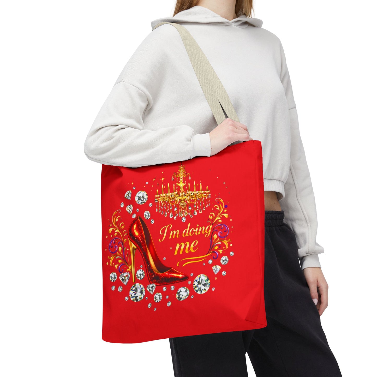 Red 'I'm Doing Me' Tote Bag — Glam High Heel & Chandelier Design
