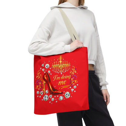 Red 'I'm Doing Me' Tote Bag — Glam High Heel & Chandelier Design