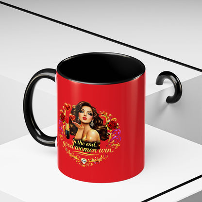 Coffee Mug — "In the End, Good Women Win" BRUNETTE Retro Pin-Up Design
