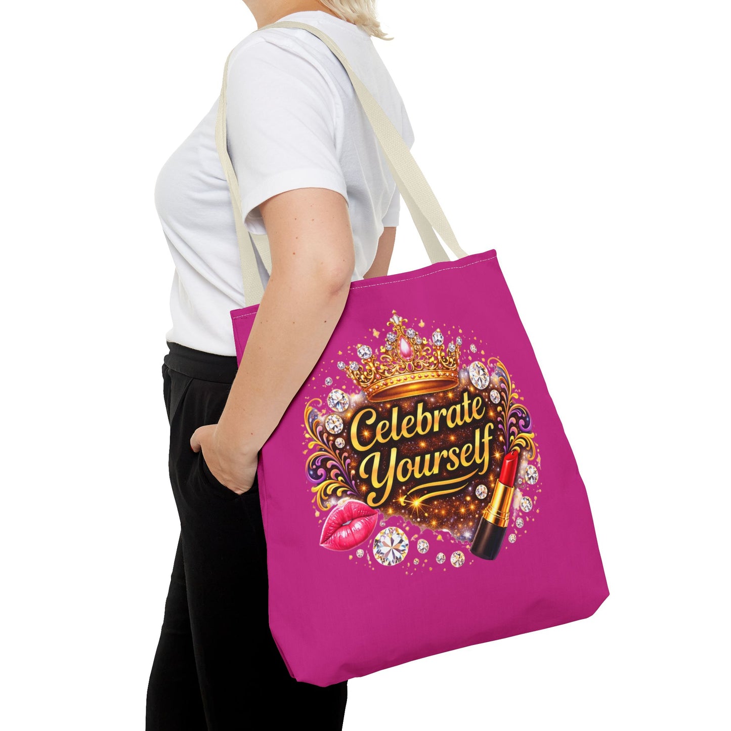 Celebrate Yourself Pink Tote Bag — Crown & Lipstick Glam Aesthetic