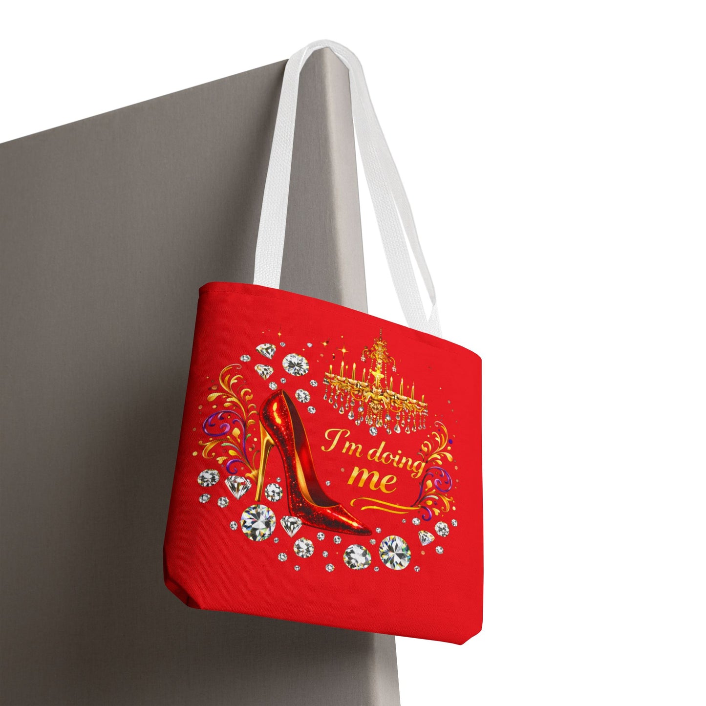 Red 'I'm Doing Me' Tote Bag — Glam High Heel & Chandelier Design