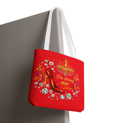 Red 'I'm Doing Me' Tote Bag — Glam High Heel & Chandelier Design