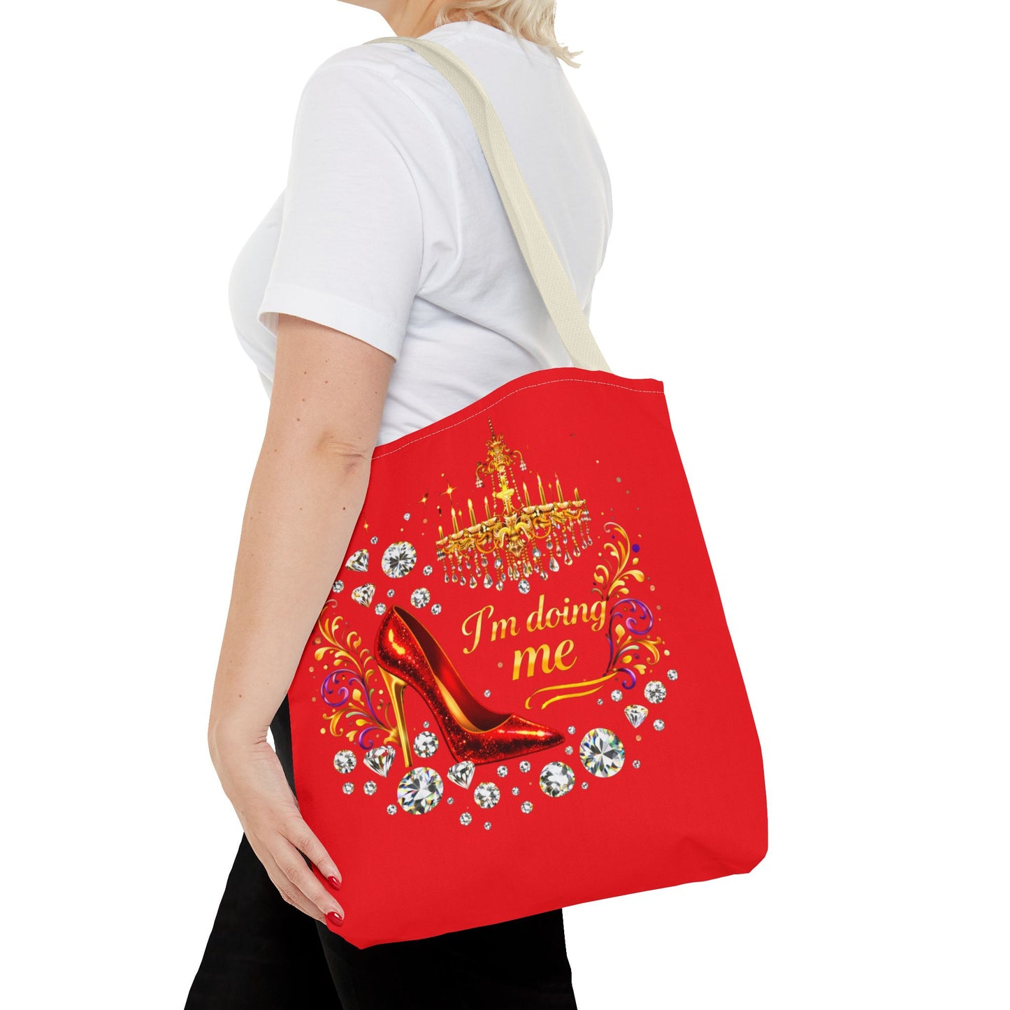 Red 'I'm Doing Me' Tote Bag — Glam High Heel & Chandelier Design