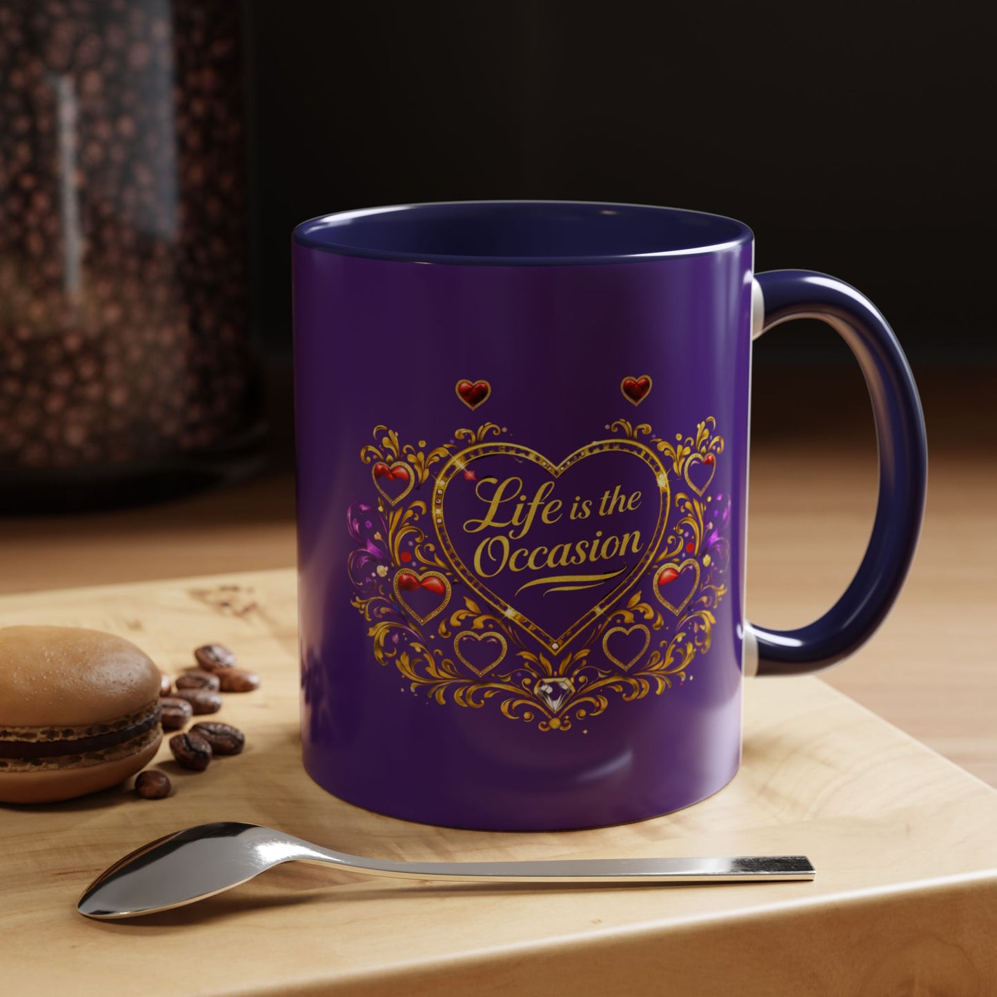 Life Is the Occasion Gold Heart Accent Coffee Mug — Inspirational Purple 11/15oz