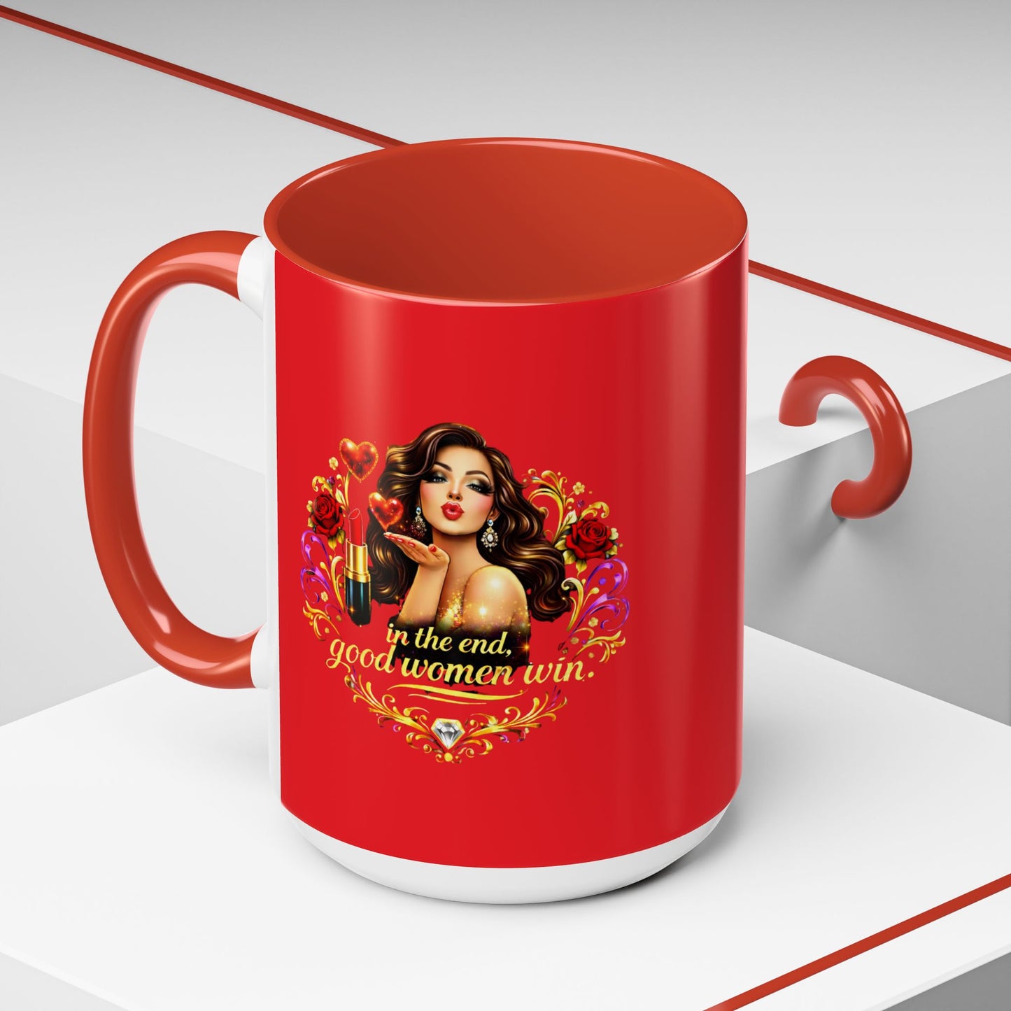 Coffee Mug — "In the End, Good Women Win" BRUNETTE Retro Pin-Up Design