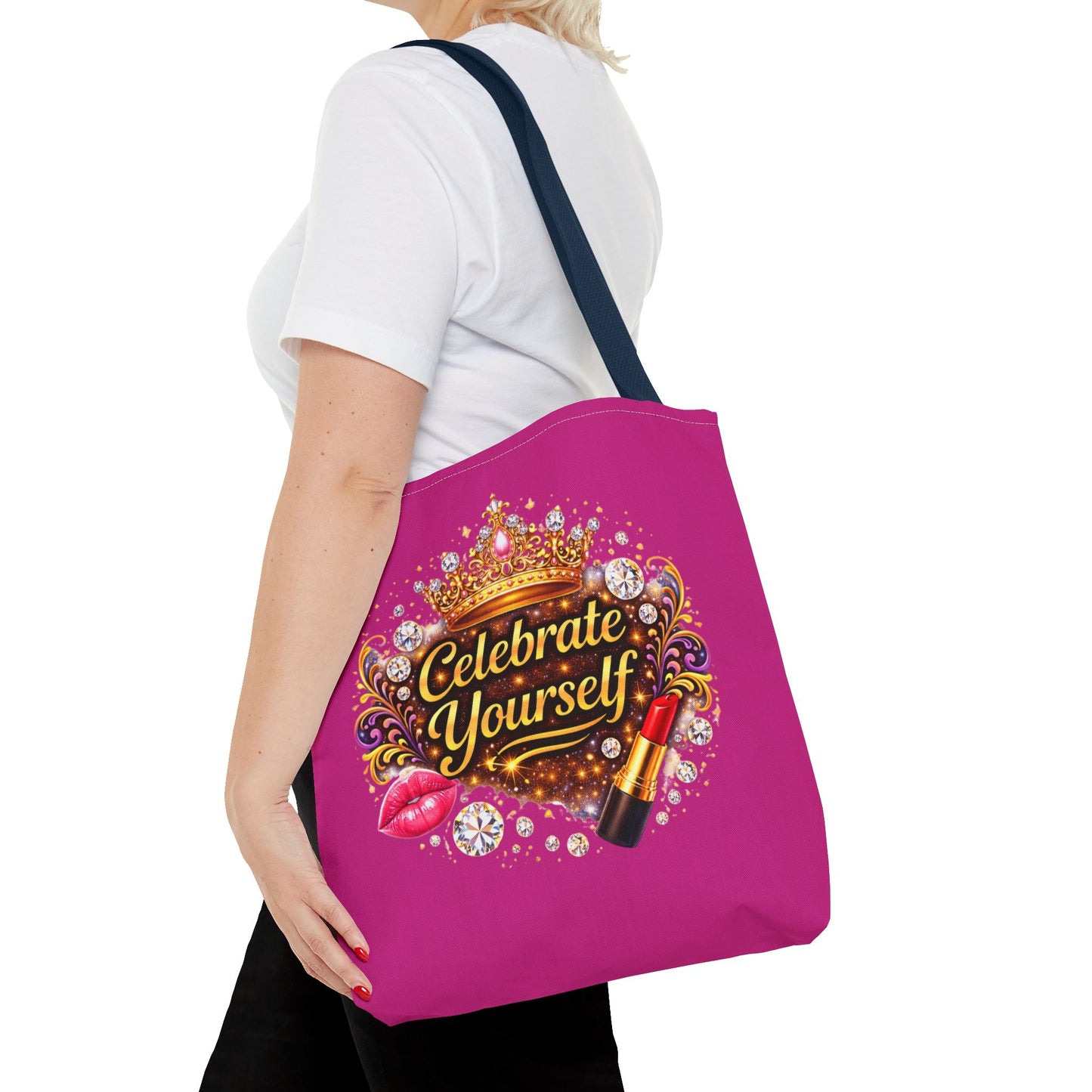 Celebrate Yourself Pink Tote Bag — Crown & Lipstick Glam Aesthetic